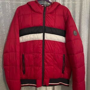 Tommy Hilfiger Puffer Winter Jacket Coat size L Black and White stripe and hood